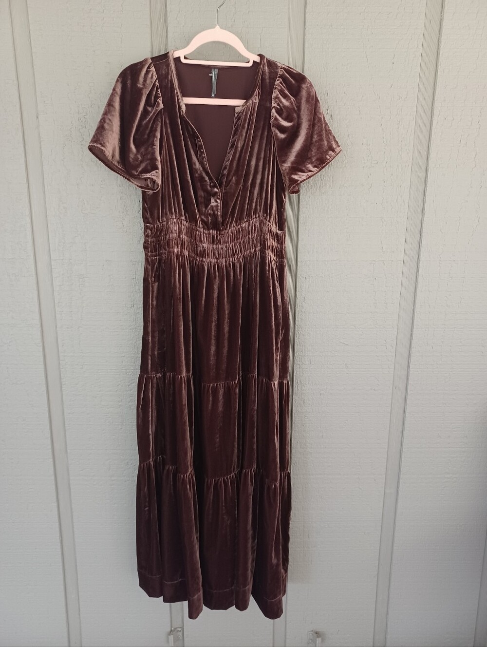 Anthropologie The Somerset Velvet Maxi Dress Size XS Pockets Tiered Short Sleeve
